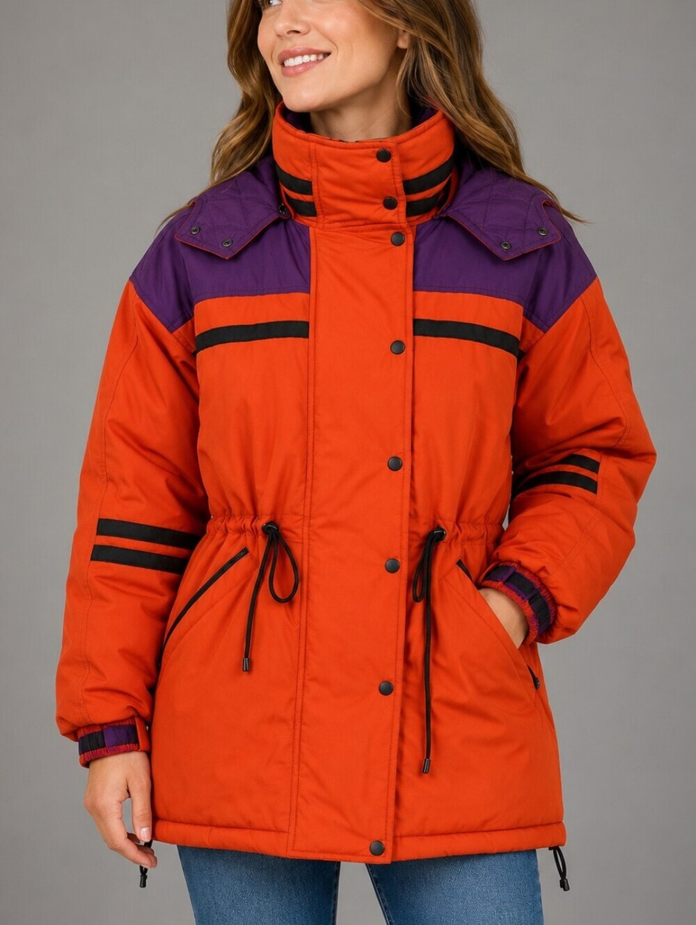 VTG MIXED BLUES 1980s Colorblock Double Breasted Hooded Winter Ski Coat